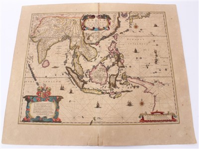 Lot 984 - Henricus Hondius (1597-1651), hand-coloured map - ‘India Orientalis ..Insulae Adiacentes’, 1638, Latin text verso, 39cm x 49cm.