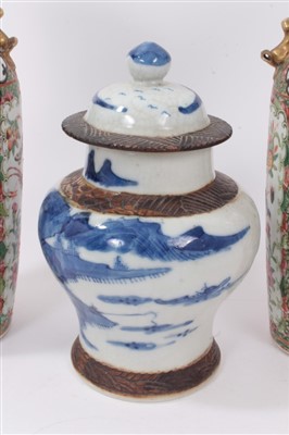 Lot 144 - Pair of 19th century Chinese Canton vases, together with Chinese baluster blue and white vase and cover