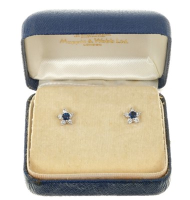 Lot 459 - Pair 18ct white gold sapphire and diamond cluster earrings.