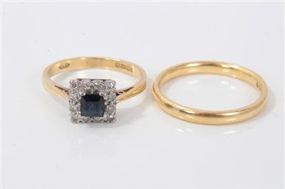 Lot 3342 - 18ct gold sapphire and diamond cluster ring and an 18ct gold wedding ring.