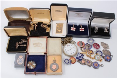 Lot 3503 - Collection of medals, predominantly football including ne 9ct gold medal, various silver, cuff links and other items