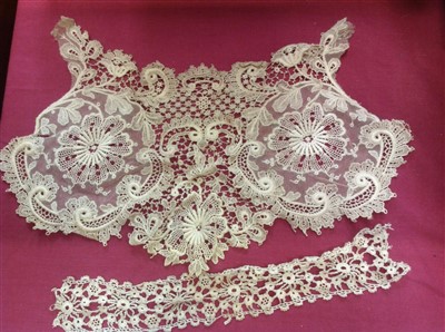 Lot 3065 - Antique lace and crochet items including dress fronts, boudoir cap, lace and silk collar, Maltese silk floss lappet,rolled lengths etc.