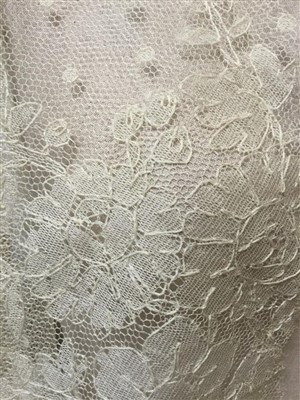 Lot 3066 - Antique and later lace including decorated net lace cape, similar table cloth, tambour lace square, needle decorated shawl.