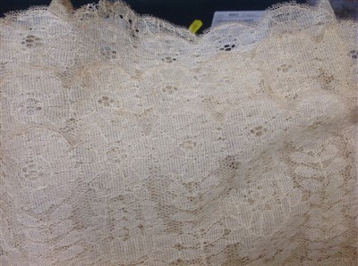 Lot 3066 - Antique and later lace including decorated net lace cape, similar table cloth, tambour lace square, needle decorated shawl.