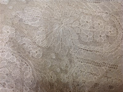 Lot 3066 - Antique and later lace including decorated net lace cape, similar table cloth, tambour lace square, needle decorated shawl.