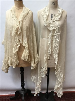 Lot 3096 - Antique tambour lace stole, silk organza wrap with frilled edging, box of trims and lengths.
