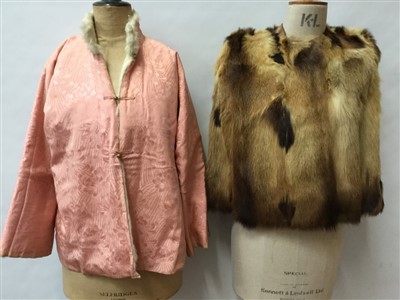 Lot 3097 - Early 20th century Chinese Ladies Winter pink silk brocade jacket with white fur lining. Red fox fur cape and matching muff and dyed pink fox fur stole.