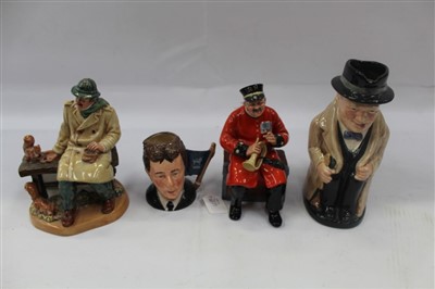 Lot 2039 - Two Royal Doulton figures - Lunchtime HN2485 and Past Glory HN2484, plus Doulton Winston Churchill toby jug and Michael Doulton character jug D6808 (4)