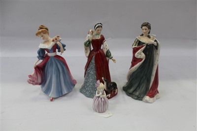 Lot 2040 - Two Royal Doulton limited edition figures - Anne Boleyn HN3232 and Queen Anne HN3141, plus Royay Doulton figure of the year 1991 - Amy HN3316 and a Royal Worcester candle snuffer - Hush (4)