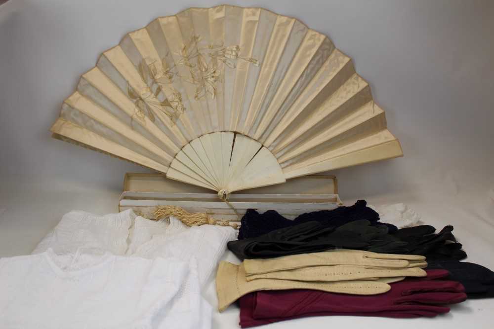 Lot 3112 - Three Christening gowns,  Edwardian nightie, bone and silk fan plus some vintage gloves
