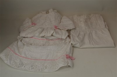 Lot 3112 - Three Christening gowns,  Edwardian nightie, bone and silk fan plus some vintage gloves