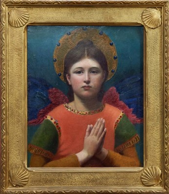 Lot 1580 - Attributed to Edgard Maxence (1871-1954) oil on canvas - The Angel, in fine gilt frame with scallop shell motifs to each corner, 58cm x 47cm