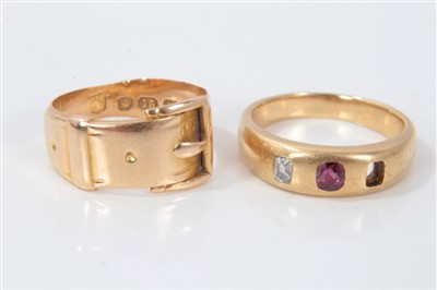 Lot 3204 - Gold (18ct) buckle ring and a yellow metal diamond and ruby ring (one stone missing)