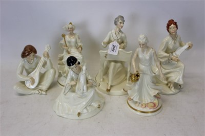 Lot 2049 - Six Royal Doulton The Enchantment Collection figures - Musicale HN2756, Queen of the Dawn HN2437, Sonata HN2438, Lyric HN2757, Queen of the Ice HN2435 and Serenade HN2753