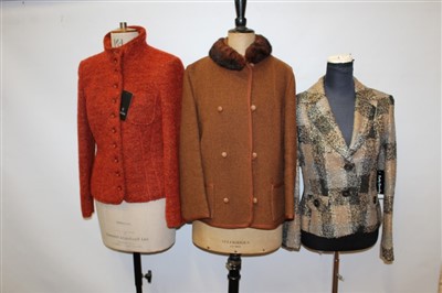 Lot 3091 - Ladies brown tweed jacket with detachable mink collar, reversible. Wool blend jacket by Madeleine, new with tag. Betty Barclay tweed jacket new with tag. Jaeger grey wool skirt suit with matching g...