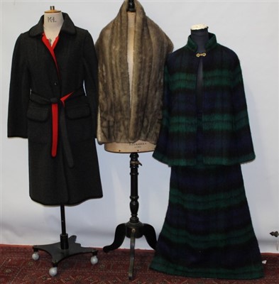 Lot 3089 - Ladies country wear Wetherall cream and camel check coat and skirt, reversible, Wetherall charcoal grey and red wool coat also reversible. Lochcarron mohair blend Black Watch tartan cape