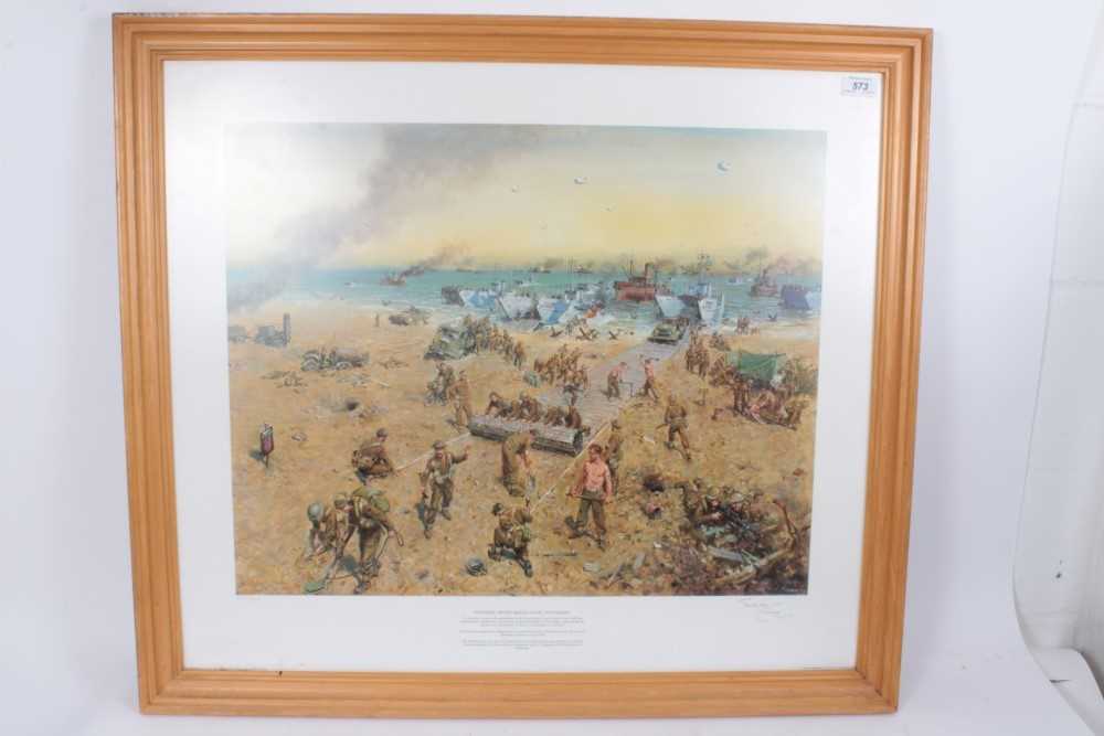 Lot 573 - Terence Cuneo signed limited edition print - Pioneers, Sword Beach, D-Day, Normandy, No. 228 of 850, mounted in glazed frame, 87 x 77cm overall