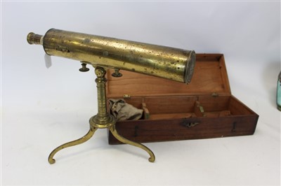 Lot 3500 - 19th century brass telescope, with removable eyepiece, unsigned, 43cm long, detachable tripod stand, housed in original teak box