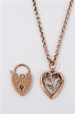 Lot 3330 - Edwardian rose gold heart pendant on chain and Edwardian rose gold padlock clasp (2)