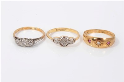 Lot 3331 - Edwardian 18ct gold gypsy ring and two 1930s diamond rings (3)