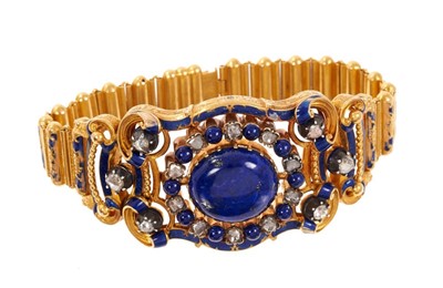 Lot 457 - 19th Century lapis lazuli, diamond and enamel gold bracelet