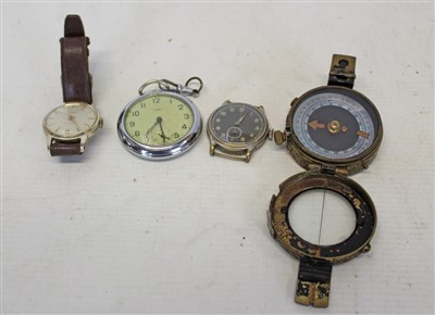 Lot 3507 - Vintage military watch, together with a \military compass by J M Glauser, dated 1936, Ingersoll wrist watch and Ingersoll pocket watch. (4)