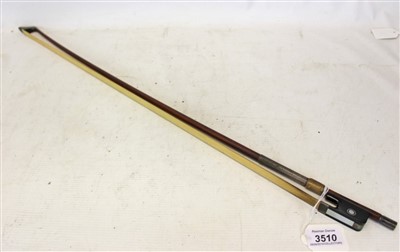 Lot 3510 - Antique cello bow, by George Withers & Sons, with mother of pearl inlaid ebony from and silver mounts, stamped, 71cm long