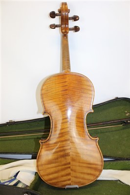 Lot 3513 - Antique German full size violin label inside ‘Copy of Antonio Stradivarius’, two piece back, length of back 36.7cm, with bow, cased