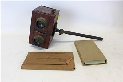 Lot 3524 - Late 19th century stereoscopic viewer, mahogany cased, pivoting on a rod (base missing) together with two associated later boxes of slides