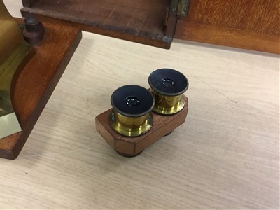 Lot 3525 - Good 19th century lacquered brass binocular microscope, probably by Ross of London, on tripod base and wooden stand, 33cm high, apparently unsigned but one lens case engraved Ross London, various a...
