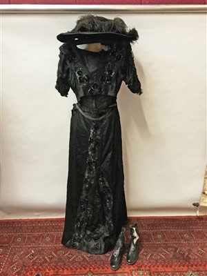 Lot 3076 - Victorian mourning black satin boned bodice and matching skirt with sequin and velvet applied decoration, makers label Church & King Cambridge, together with a wide brimmed black velvet and ostrich...
