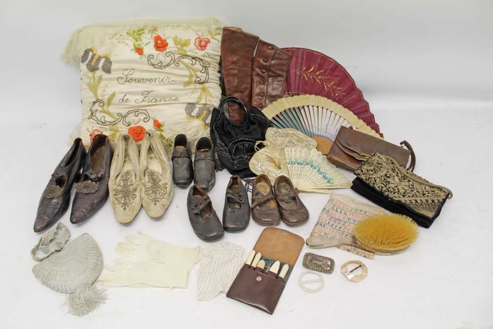 Lot 3078 - Selection of Victorian and later accessories including pair wedding shoes, pair leather dress shoes with steel cut buckles, children's shoes, pair brown leather spats, embroidered silk bag, Indian...