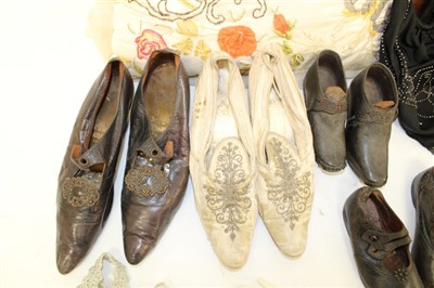 Lot 3078 - Selection of Victorian and later accessories including pair wedding shoes, pair leather dress shoes with steel cut buckles, children's shoes, pair brown leather spats, embroidered silk bag, Indian...