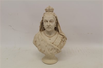 Lot 53 - Sir Joseph Edgar Boehm R.A.- reconstituted marble bust in the Victorian-style of Queen Victoria, raised on plinth, impressed signature to reverse, and dated 1887, 36cm in height