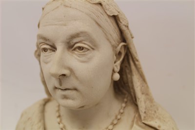 Lot 2071 - Sir Joseph Edgar Boehm R.A.- reconstituted marble bust of Queen Victoria, raised on plinth, impressed signature to reverse, and dated 1887, 36cm in height