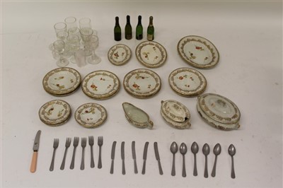 Lot 2769 - Late Victorian/early 20th century miniature ceramic dinner service with gilt and floral decoration, together with cutlery set, wine glasses and four wine bottles.