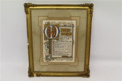 Lot 2465 - Early 20th century illumination, in Mediaeval tradition, the Latin text ornately decorated with gilt and colours, signed J. J. Hall, Gt Yarmouth, 28 x 23cm, gilt frame