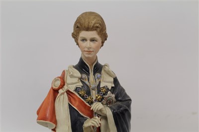 Lot 2078 - Capodimonte porcelain figure, Queen Elizabeth, limited edition No. 139, together with a Coronation Souvenir Bust of Elizabeth II (2)