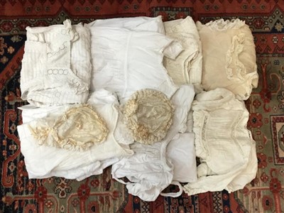 Lot 3080 - Box of babies and children's clothing including christening gowns, nighties, Liberty bodices, two lace and ribbon baby caps and a Victorian girl's party dress.