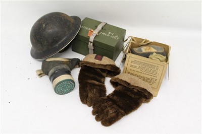 Lot 3572 - Second World War British Military tin helmet, together with gas masks and other militaria (1 box)