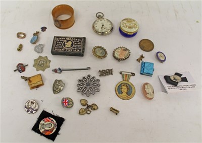 Lot 3588 - Royal commemorative badges, open faced pocket watch, Mauchline Ware napkin ring and sundries