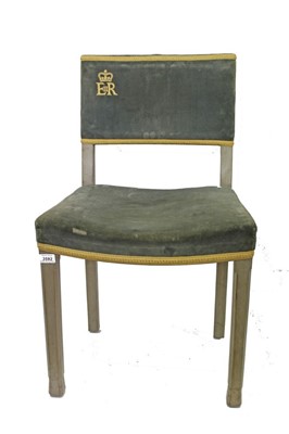 Lot 3592 - Elizabeth II limed oak Coronation chair, with back and seat upholstered in velvet, numbered '77’