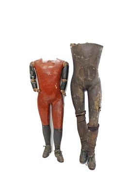 Lot 3577 - Late 19th / early 20th century articulated wooden and papier mâché dummy, 78cm high, together with similar papier mâché dummy