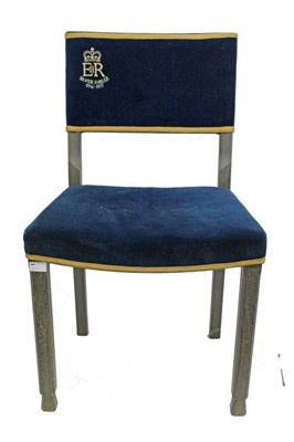 Lot 3593 - Elizabeth II limed oak Silver Jubilee chair, with back and seat upholstered in velvet, plaque on reverse- “Replica of Peers Chairs, as used in Westminster Abbey for the Coronation of Her Majesty Qu...