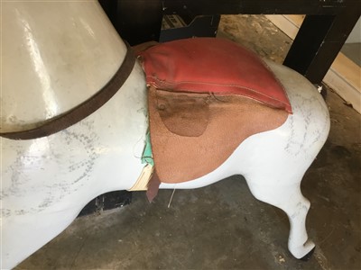 Lot 3581 - Antique painted wood rocking horse figure, dapple grey finish, now lacking base, 92cm long