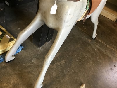 Lot 3581 - Antique painted wood rocking horse figure, dapple grey finish, now lacking base, 92cm long