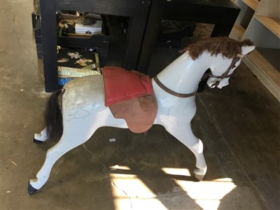 Lot 3581 - Antique painted wood rocking horse figure, dapple grey finish, now lacking base, 92cm long