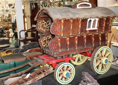 Lot 291 - Scratch built scale model of a gypsy caravan with painted decoration, metal ware accessories  75cm x 80cm x 48cm