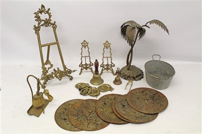 Lot 3594 - Three boxes of mixed metal ware including symphonion records, scales, flat irons, electric shock machine and other items