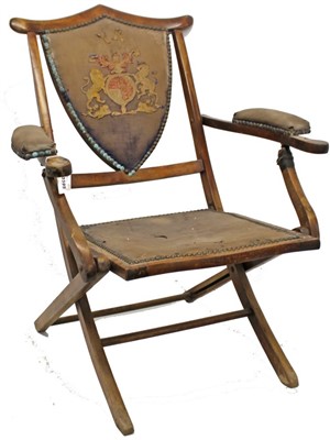 Lot 3595 - Victorian folding picnic chair with appliqué Royal coat of arms and VR cypher